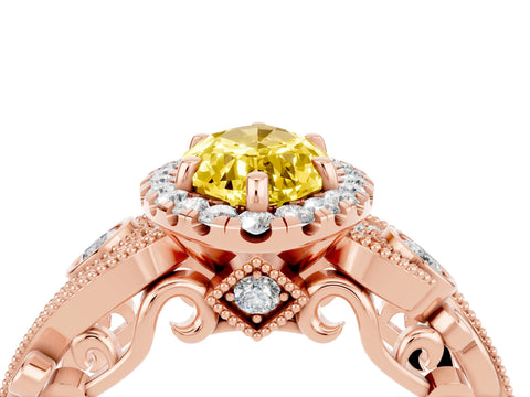 Rose gold Marquise Cut Yellow Sapphire Halo Ring with Milgrain Pavé Band and Four-Prong Setting_16