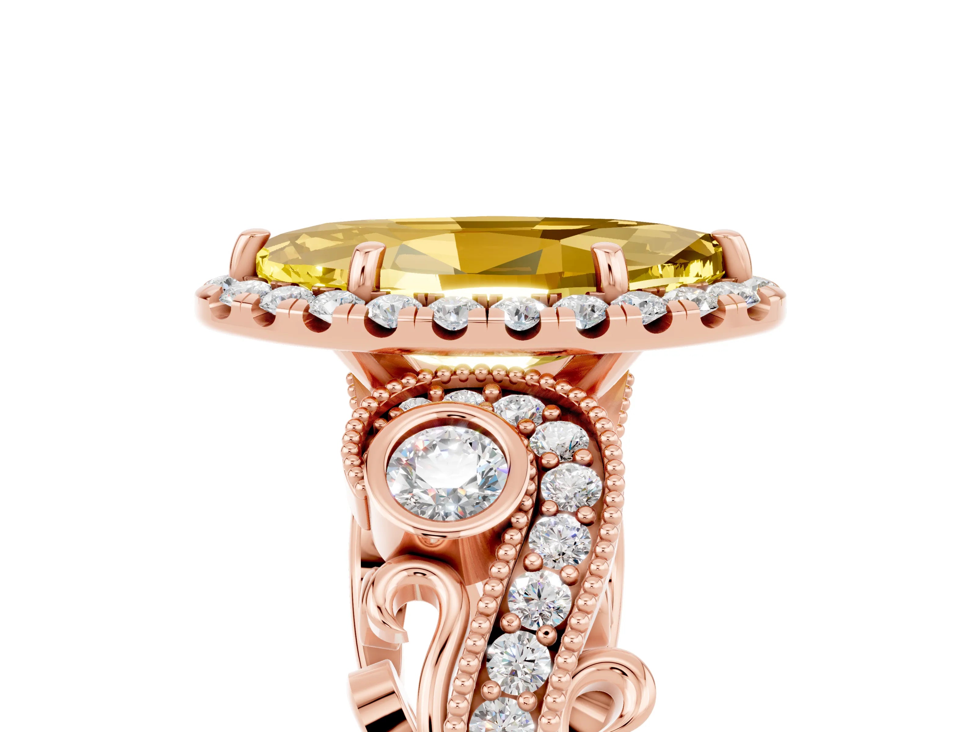 Rose gold Marquise Cut Yellow Sapphire Halo Ring with Milgrain Pavé Band and Four-Prong Setting_17