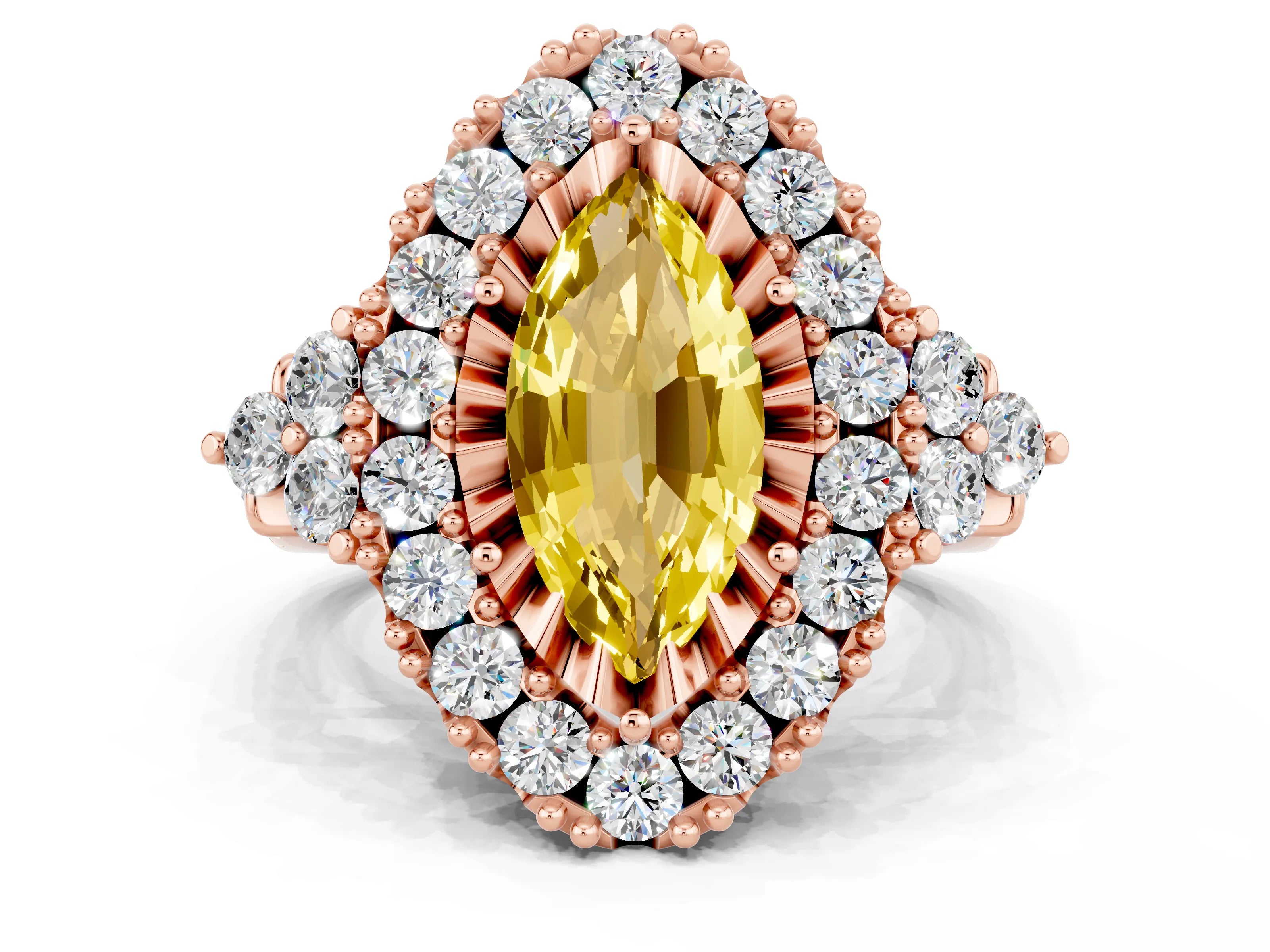 Rose gold Marquise Cut Yellow Sapphire Halo Ring with Pavé Band and Four-Prong Setting_12