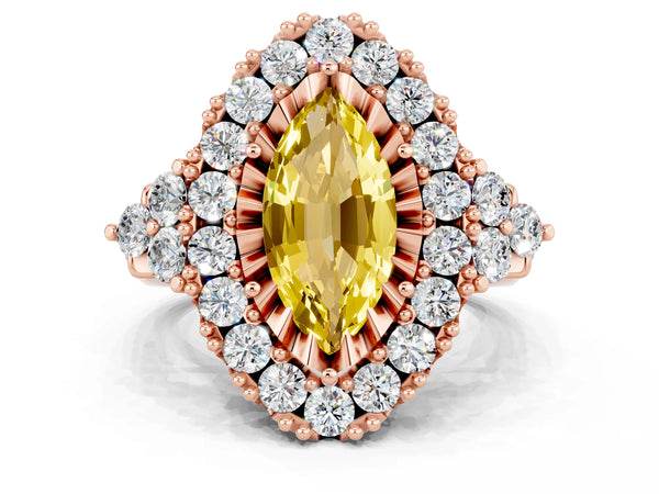 Rose gold Marquise Cut Yellow Sapphire Halo Ring with Pavé Band and Four-Prong Setting