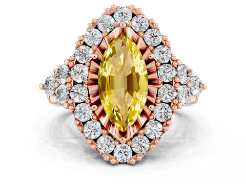Rose gold Marquise Cut Yellow Sapphire Halo Ring with Pavé Band and Four-Prong Setting_12
