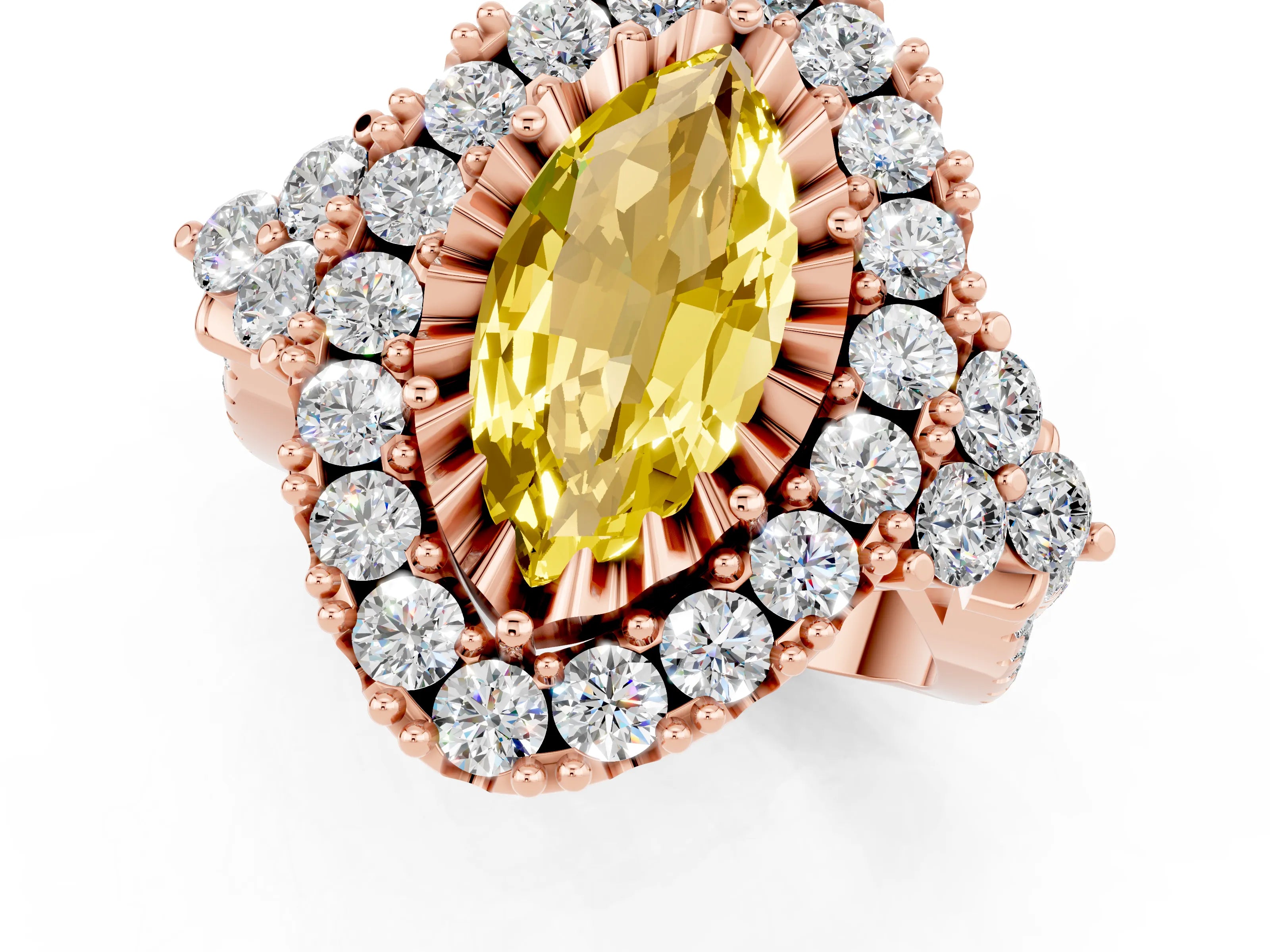 Rose gold Marquise Cut Yellow Sapphire Halo Ring with Pavé Band and Four-Prong Setting_13