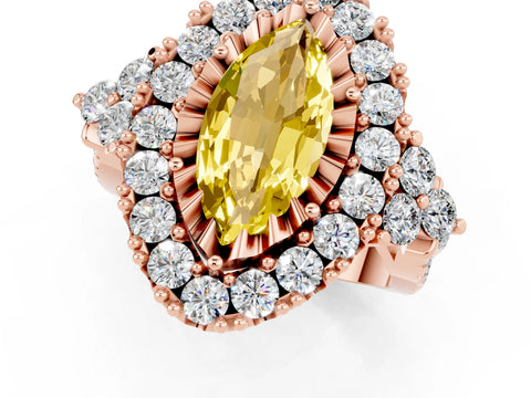 Rose gold Marquise Cut Yellow Sapphire Halo Ring with Pavé Band and Four-Prong Setting_13