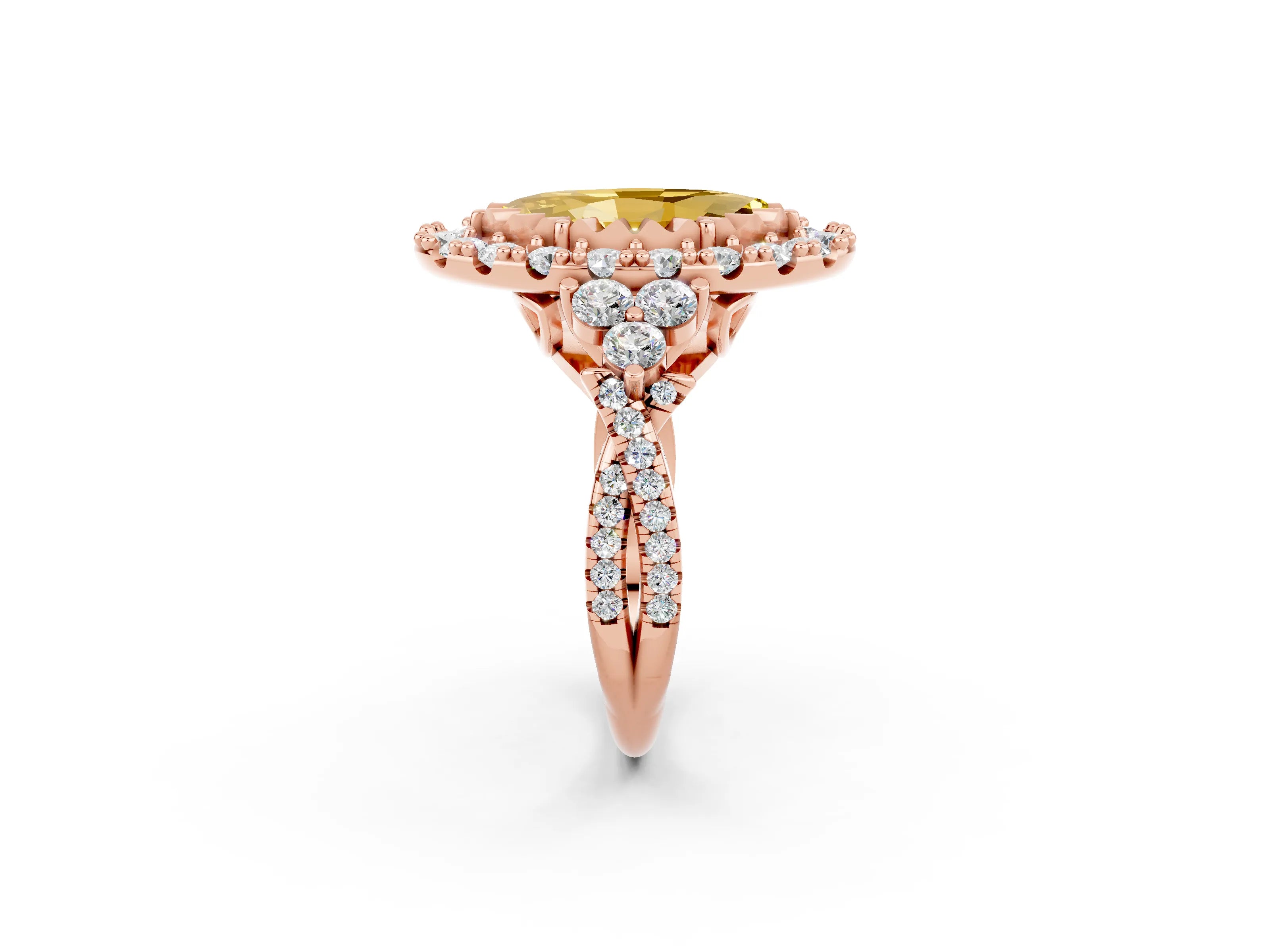Rose gold Marquise Cut Yellow Sapphire Halo Ring with Pavé Band and Four-Prong Setting_14