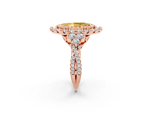Rose gold Marquise Cut Yellow Sapphire Halo Ring with Pavé Band and Four-Prong Setting