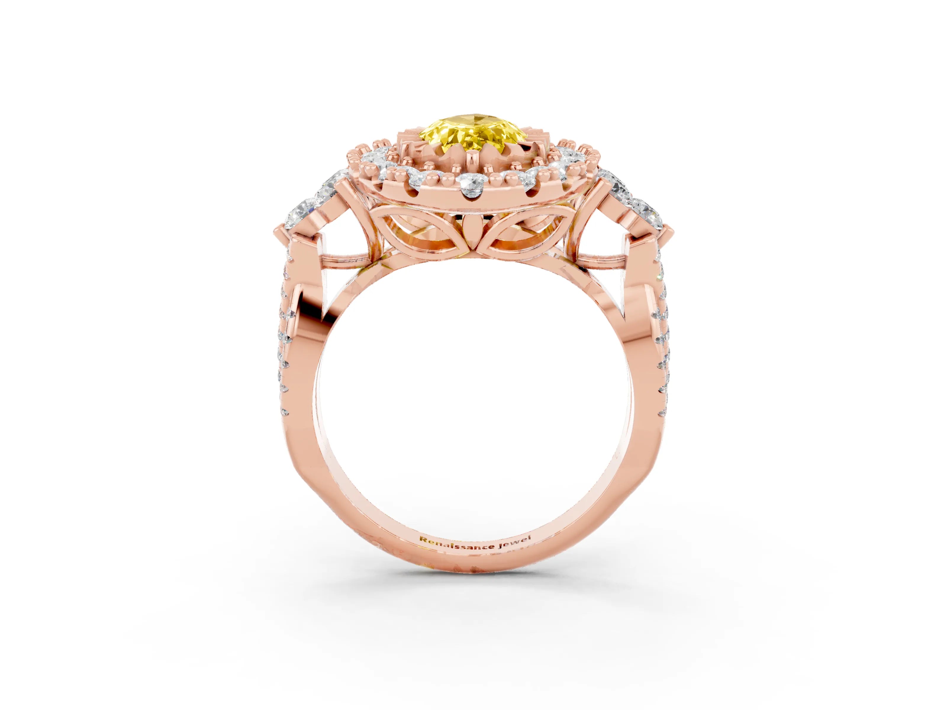 Rose gold Marquise Cut Yellow Sapphire Halo Ring with Pavé Band and Four-Prong Setting_15