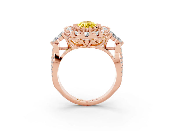 Rose gold Marquise Cut Yellow Sapphire Halo Ring with Pavé Band and Four-Prong Setting