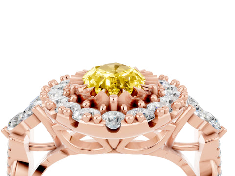 Rose gold Marquise Cut Yellow Sapphire Halo Ring with Pavé Band and Four-Prong Setting_16