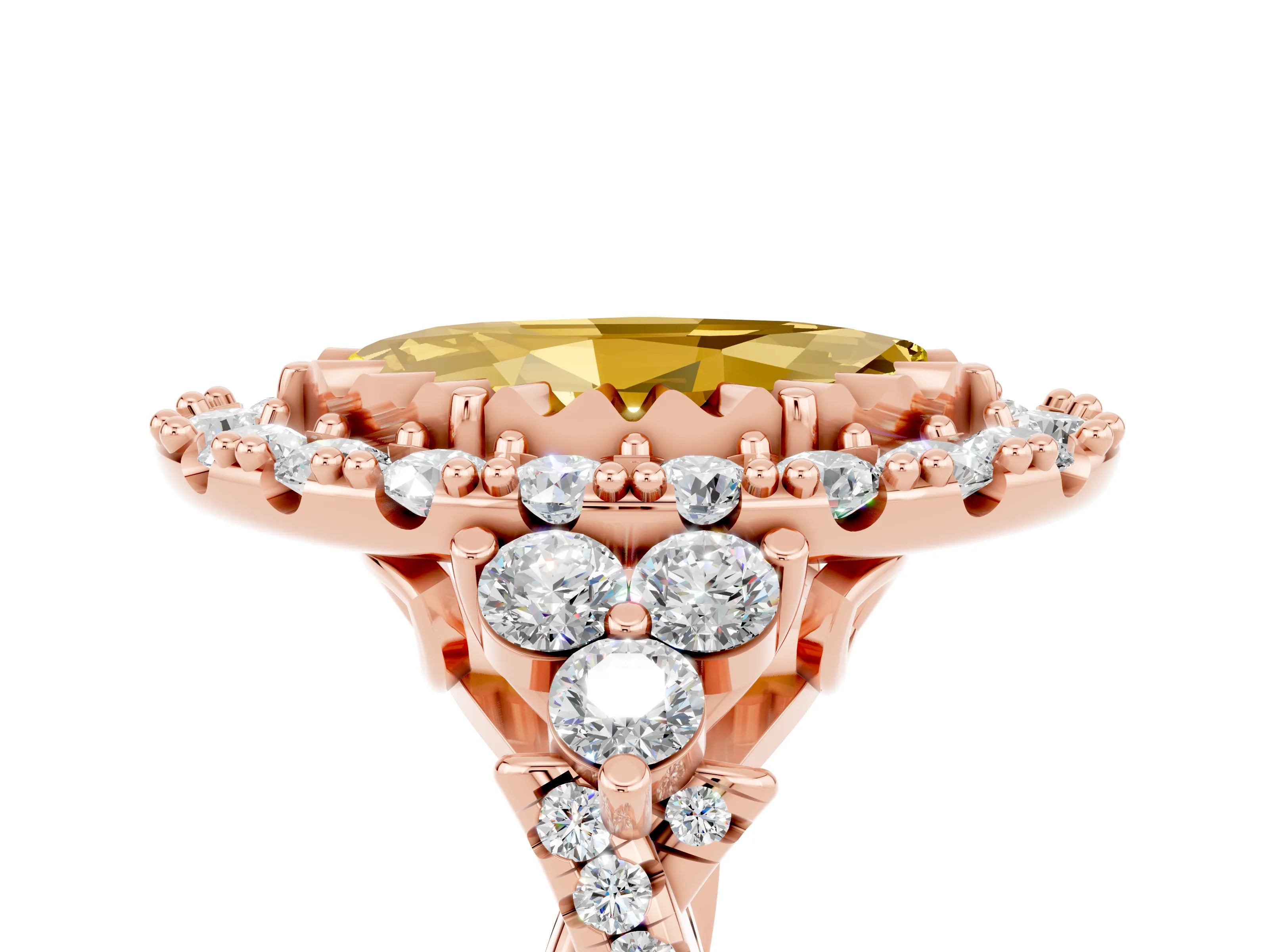 Rose gold Marquise Cut Yellow Sapphire Halo Ring with Pavé Band and Four-Prong Setting_17