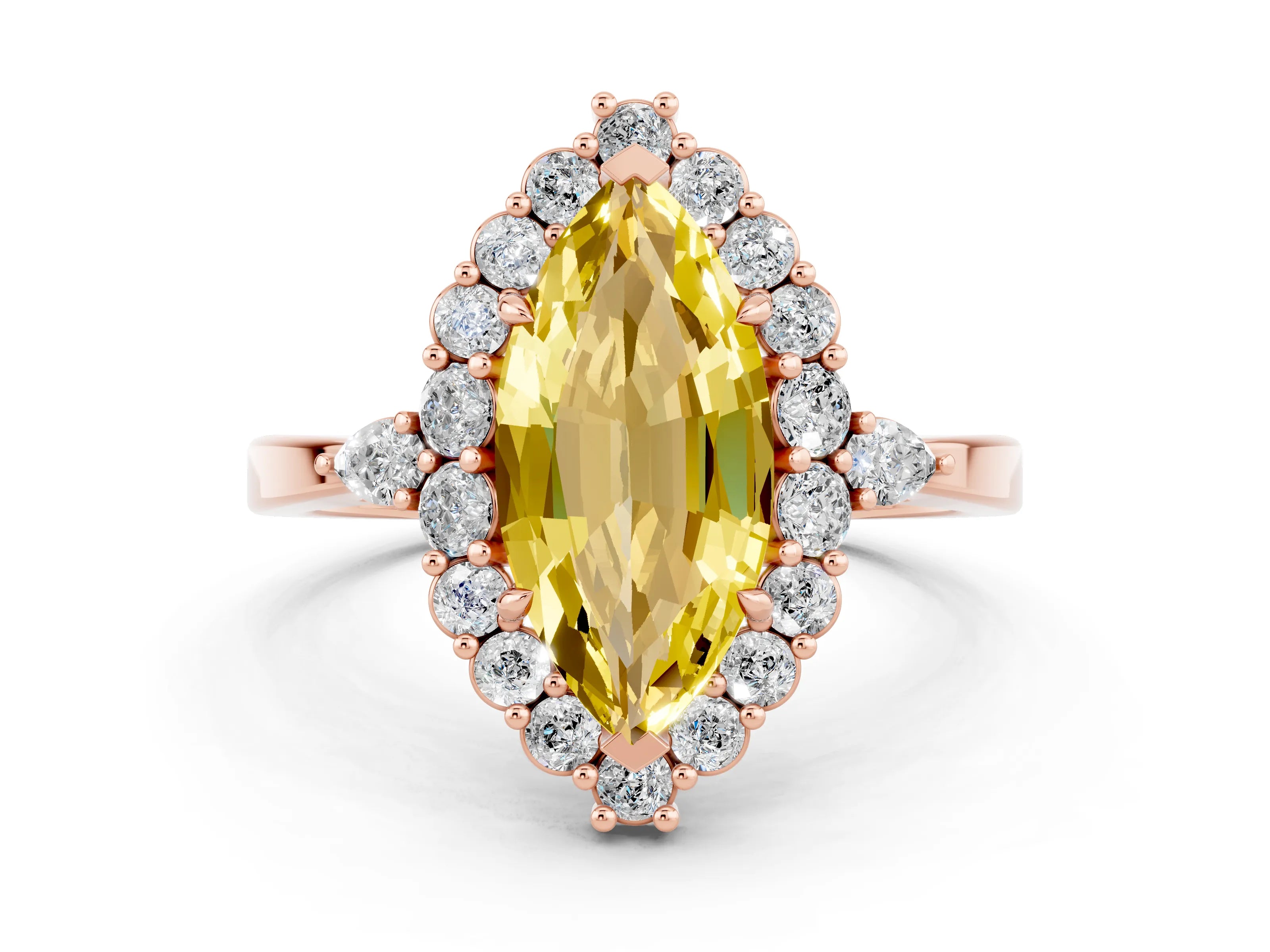 Rose gold Marquise Cut Yellow Sapphire Halo Ring with Pear Side Stones and Prong Setting_36