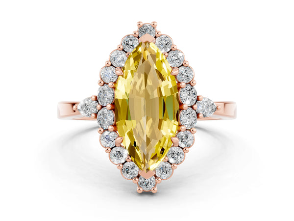 Rose gold Marquise Cut Yellow Sapphire Halo Ring with Pear Side Stones and Prong Setting