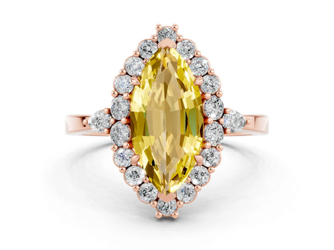 Rose gold Marquise Cut Yellow Sapphire Halo Ring with Pear Side Stones and Prong Setting_36
