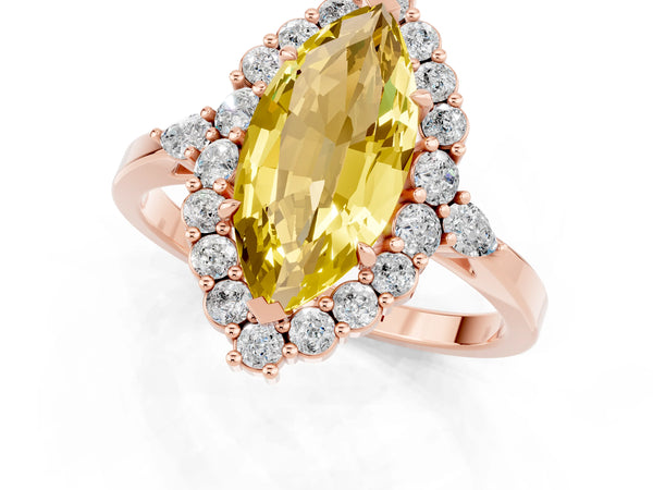 Rose gold Marquise Cut Yellow Sapphire Halo Ring with Pear Side Stones and Prong Setting