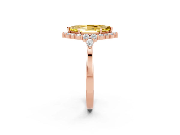 Rose gold Marquise Cut Yellow Sapphire Halo Ring with Pear Side Stones and Prong Setting