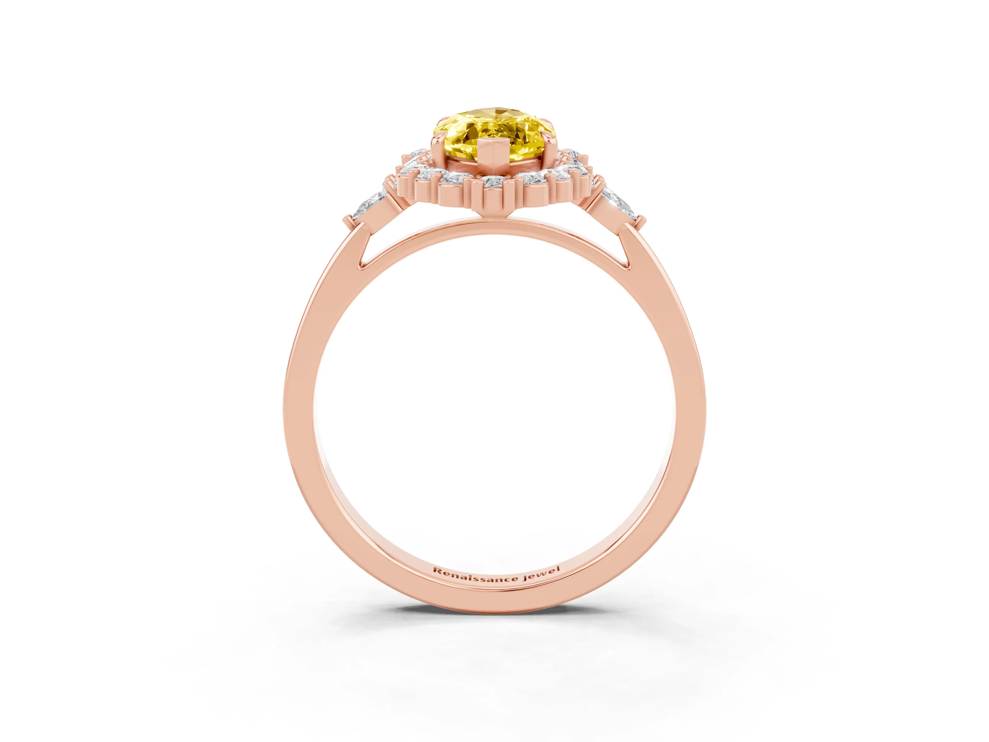 Rose gold Marquise Cut Yellow Sapphire Halo Ring with Pear Side Stones and Prong Setting_39