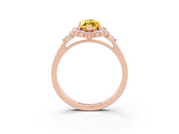 Rose gold Marquise Cut Yellow Sapphire Halo Ring with Pear Side Stones and Prong Setting