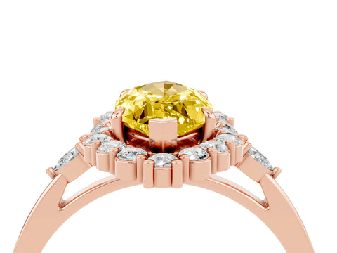 Rose gold Marquise Cut Yellow Sapphire Halo Ring with Pear Side Stones and Prong Setting_40