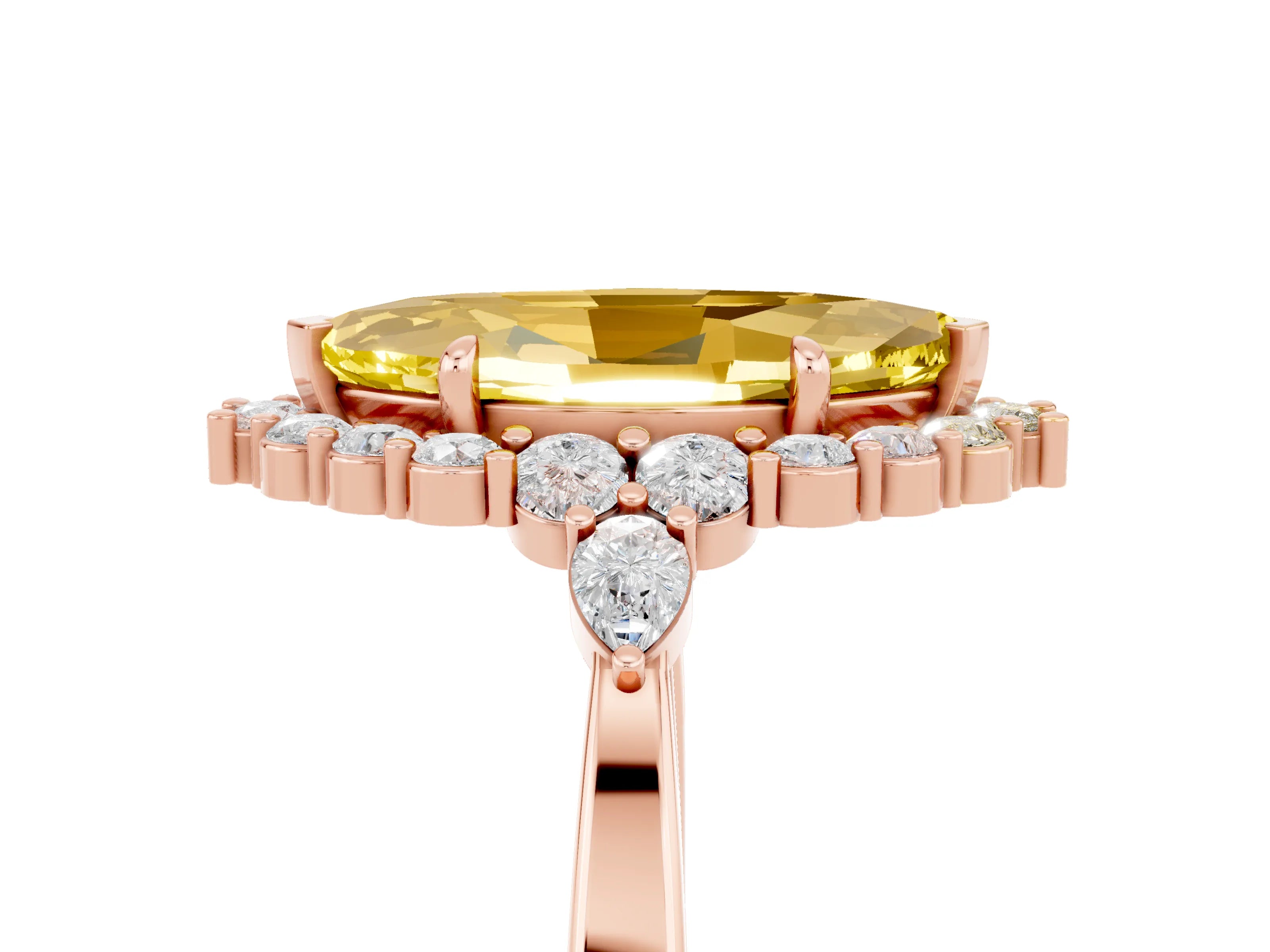 Rose gold Marquise Cut Yellow Sapphire Halo Ring with Pear Side Stones and Prong Setting_41