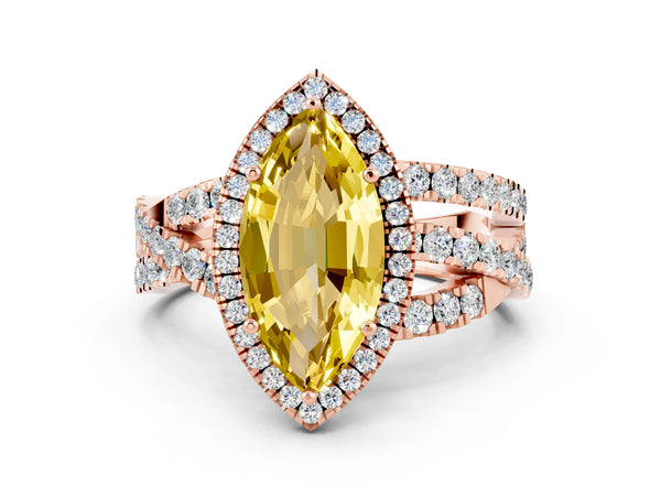 Rose gold Marquise Cut Yellow Sapphire Halo Ring with Round Split Shank and Prong Setting