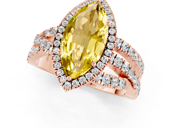 Rose gold Marquise Cut Yellow Sapphire Halo Ring with Round Split Shank and Prong Setting