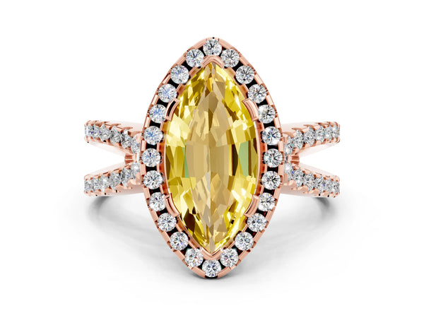 Rose gold Marquise Cut Yellow Sapphire Halo Ring with Split Shank Pavé Band and Prong Setting