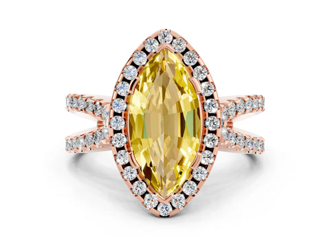 Rose gold Marquise Cut Yellow Sapphire Halo Ring with Split Shank Pavé Band and Prong Setting_12