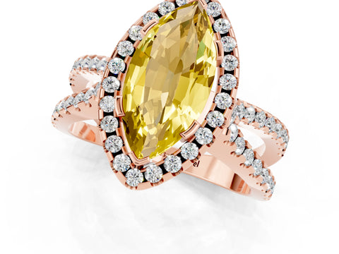 Rose gold Marquise Cut Yellow Sapphire Halo Ring with Split Shank Pavé Band and Prong Setting_13