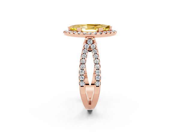 Rose gold Marquise Cut Yellow Sapphire Halo Ring with Split Shank Pavé Band and Prong Setting