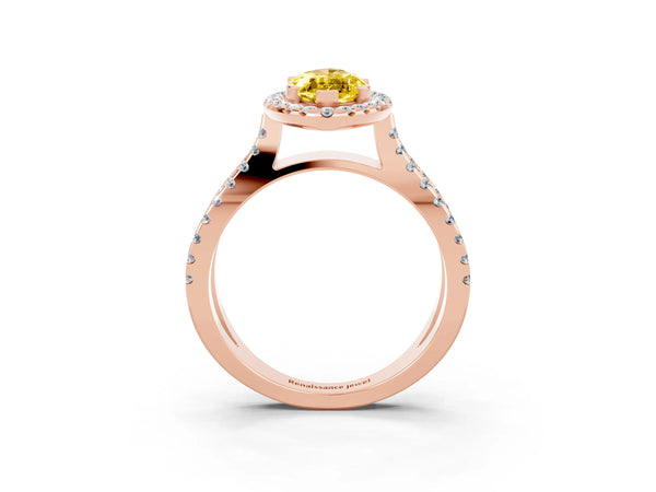 Rose gold Marquise Cut Yellow Sapphire Halo Ring with Split Shank Pavé Band and Prong Setting