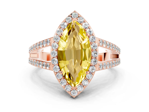 Rose gold Marquise Cut Yellow Sapphire Halo Ring with Split Shank U-Prong Band and Four-Prong Setting