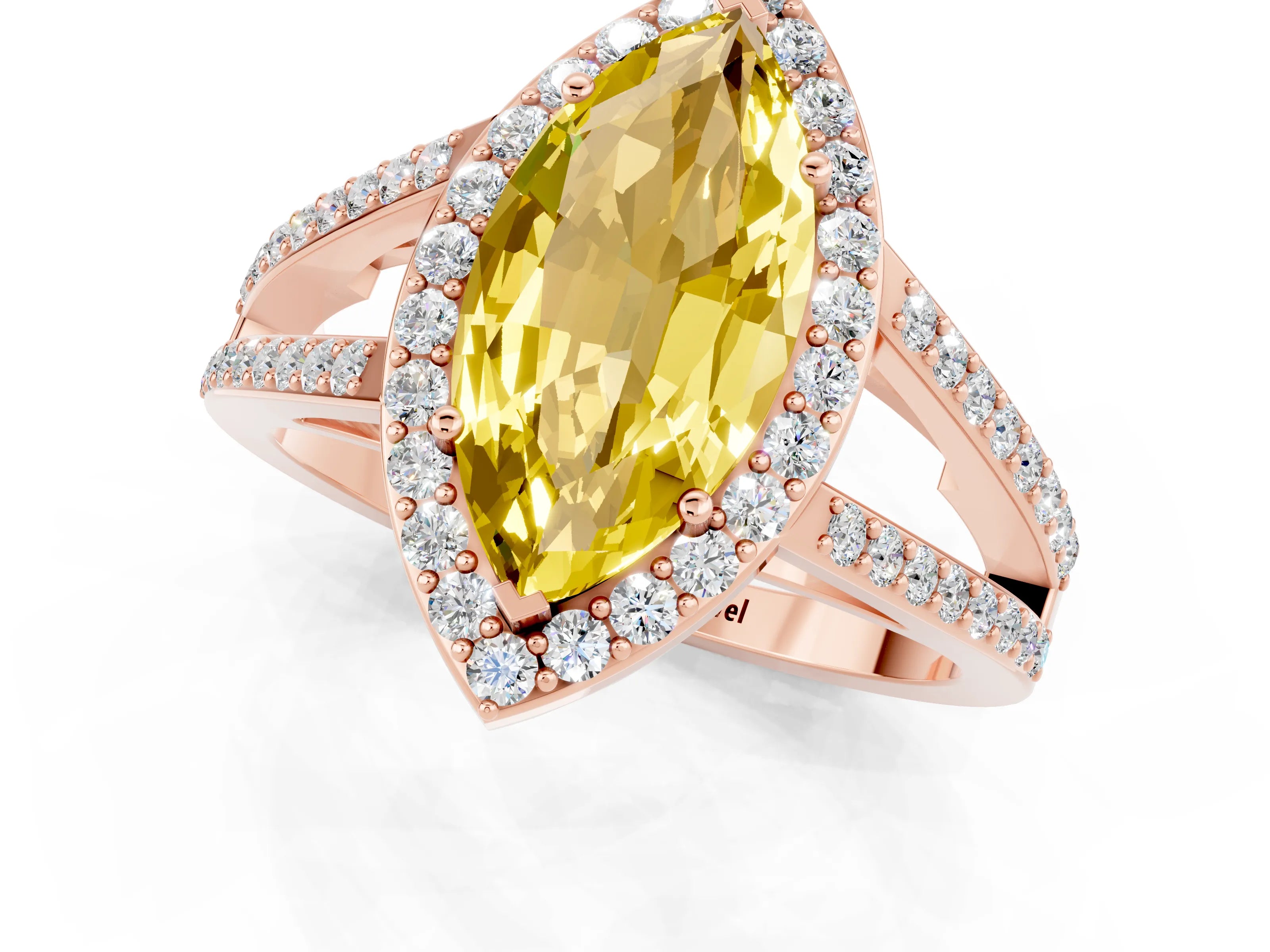 Rose gold Marquise Cut Yellow Sapphire Halo Ring with Split Shank U-Prong Band and Four-Prong Setting_1