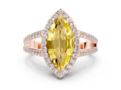 Rose gold Marquise Cut Yellow Sapphire Halo Ring with Split Shank U-Prong Band and Four-Prong Setting