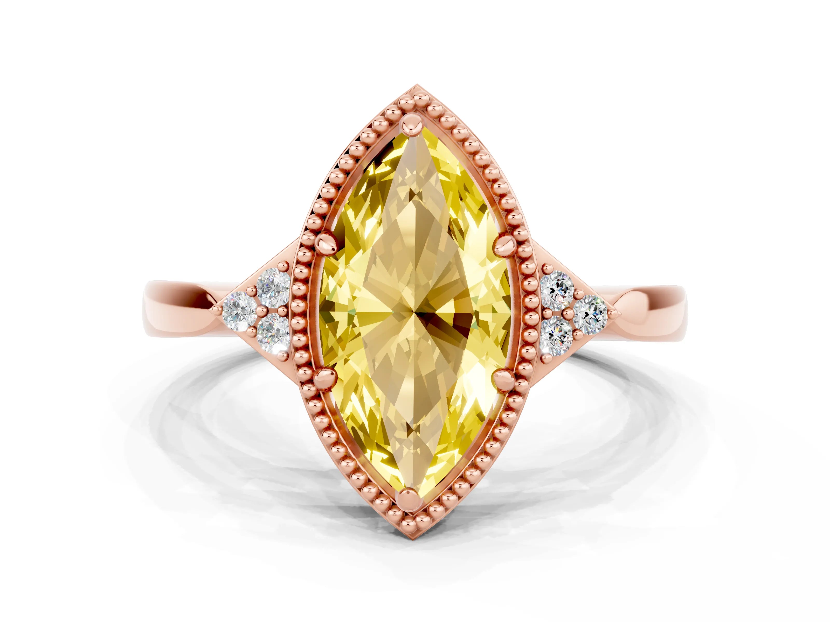 Rose gold Marquise Cut Yellow Sapphire Halo Ring with Tapered Band and Four-Prong Setting