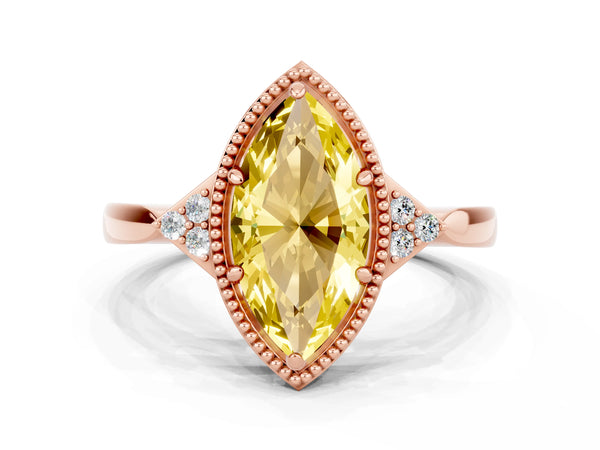Rose gold Marquise Cut Yellow Sapphire Halo Ring with Tapered Band and Four-Prong Setting