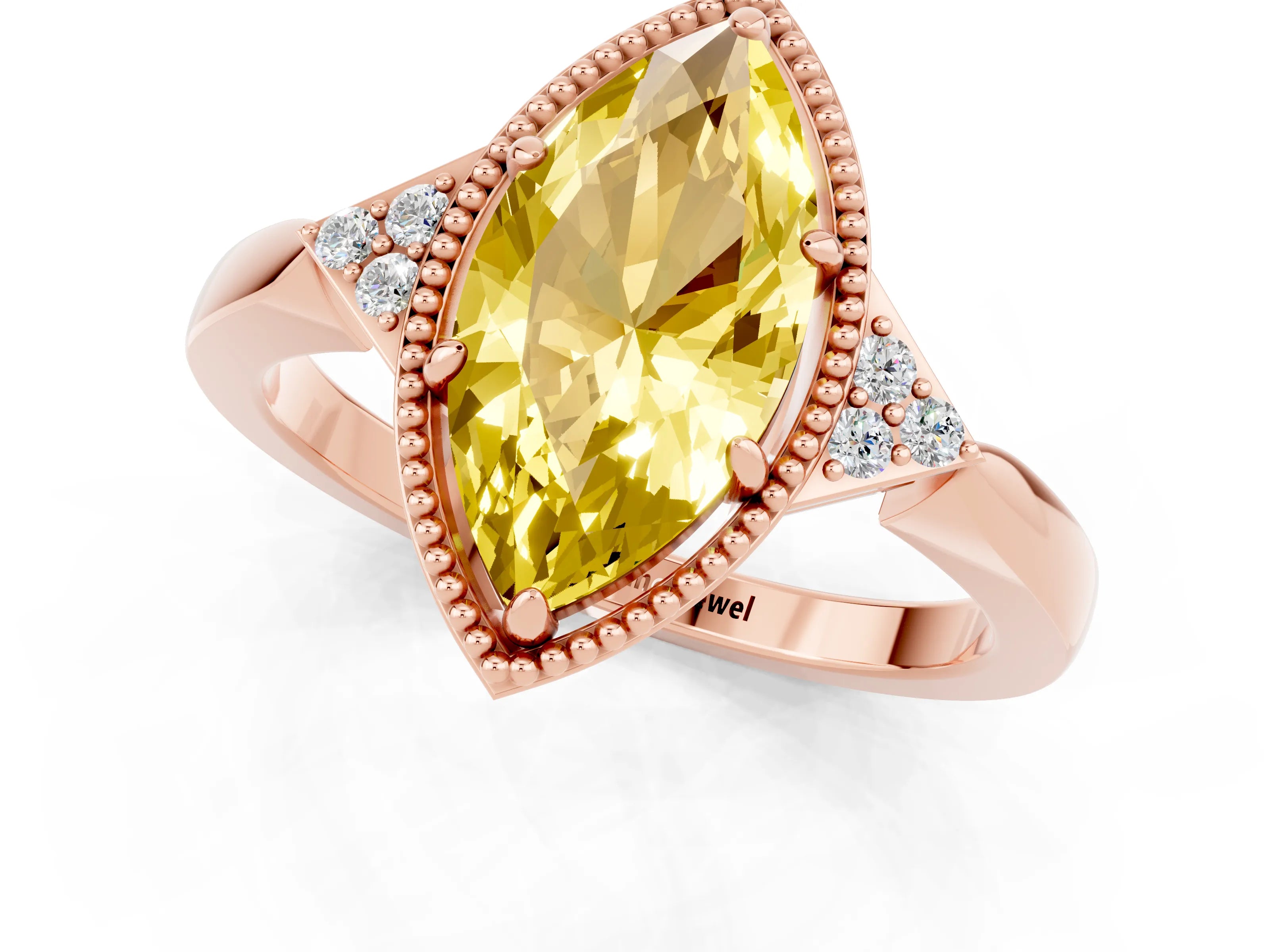 Rose gold Marquise Cut Yellow Sapphire Halo Ring with Tapered Band and Four-Prong Setting_1