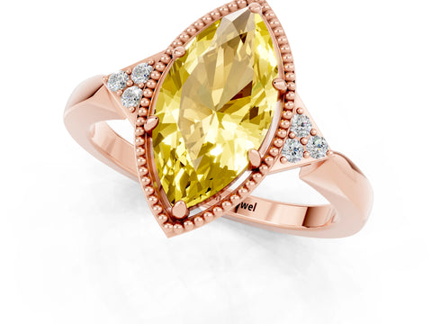 Rose gold Marquise Cut Yellow Sapphire Halo Ring with Tapered Band and Four-Prong Setting_1
