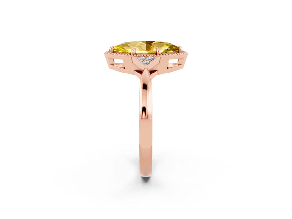 Rose gold Marquise Cut Yellow Sapphire Halo Ring with Tapered Band and Four-Prong Setting