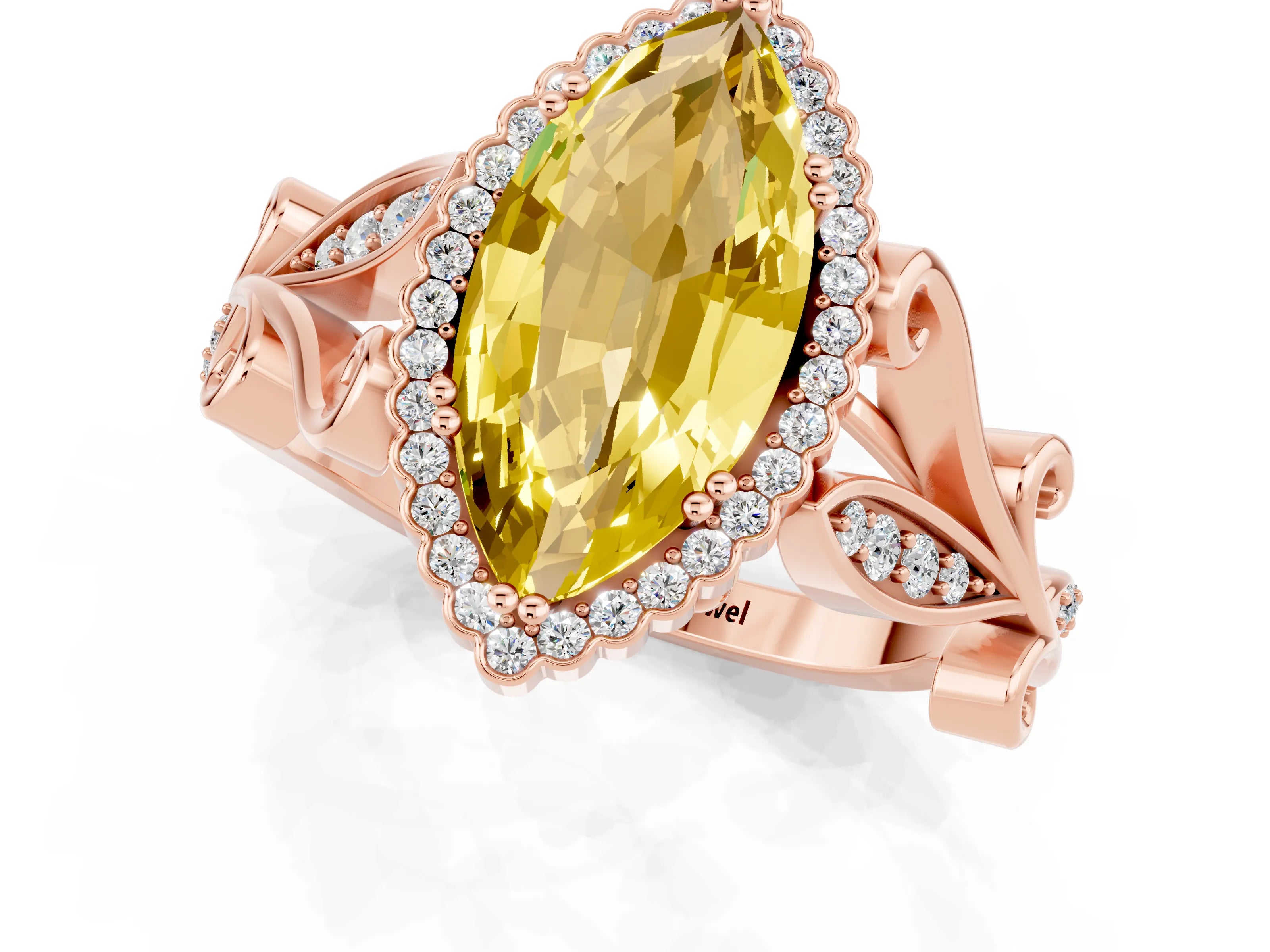Rose gold Marquise Cut Yellow Sapphire Halo Ring with Vintage Split Shank and Four-Prong Setting_1