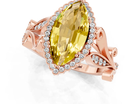 Rose gold Marquise Cut Yellow Sapphire Halo Ring with Vintage Split Shank and Four-Prong Setting_1
