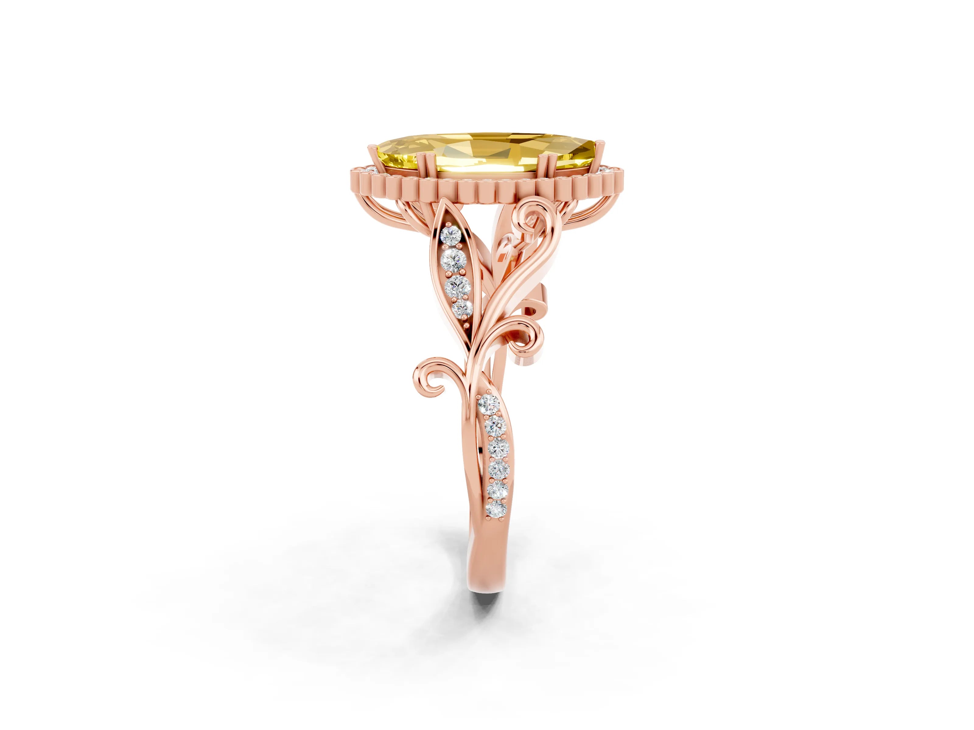 Rose gold Marquise Cut Yellow Sapphire Halo Ring with Vintage Split Shank and Four-Prong Setting_2