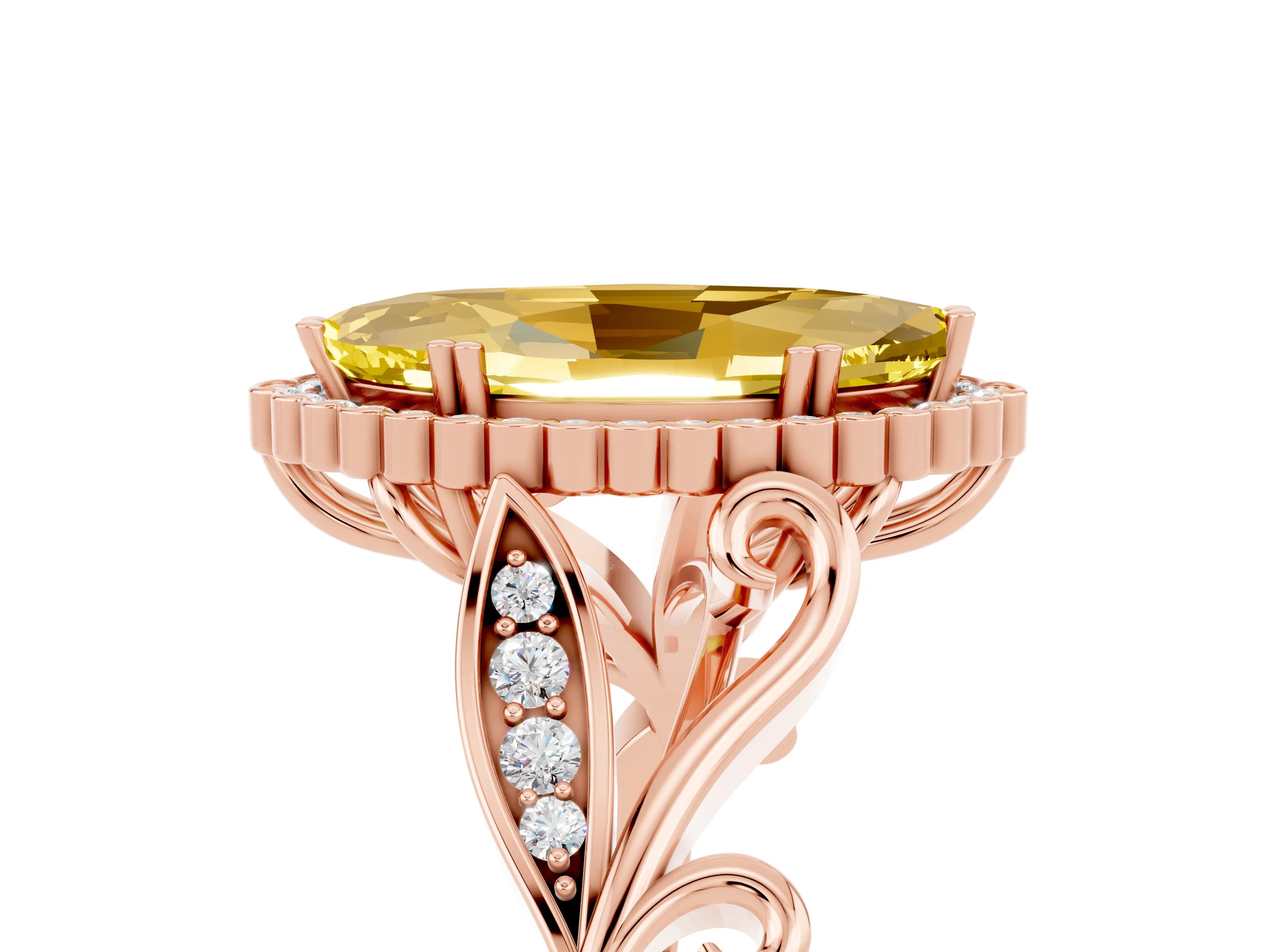 Rose gold Marquise Cut Yellow Sapphire Halo Ring with Vintage Split Shank and Four-Prong Setting_5