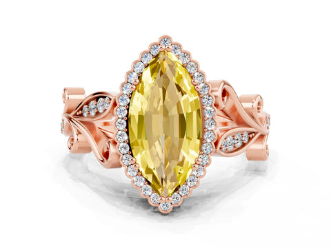 Rose gold Marquise Cut Yellow Sapphire Halo Ring with Vintage Split Shank and Four-Prong Setting