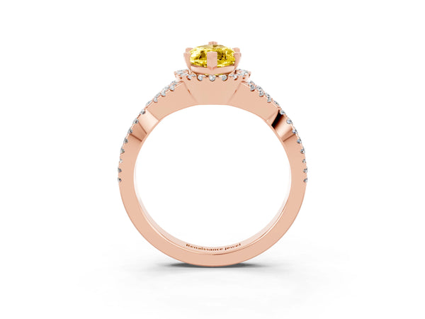 Rose gold Marquise Cut Yellow Sapphire  Halo Twist Band Solitaire Prong Setting Ring