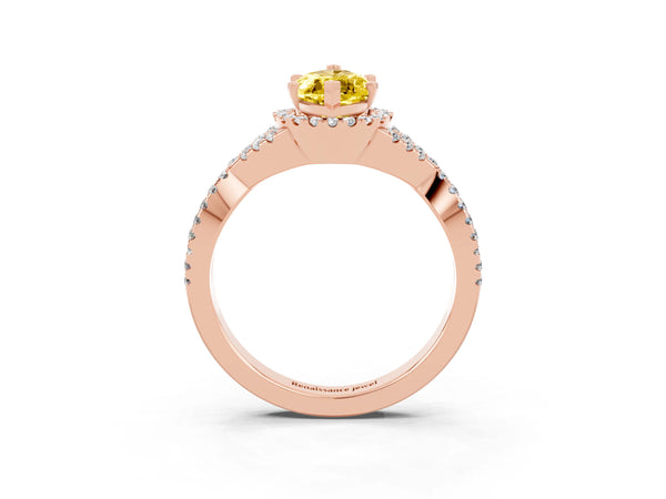Rose gold Marquise Cut Yellow Sapphire  Halo Twist Band Solitaire Prong Setting Ring