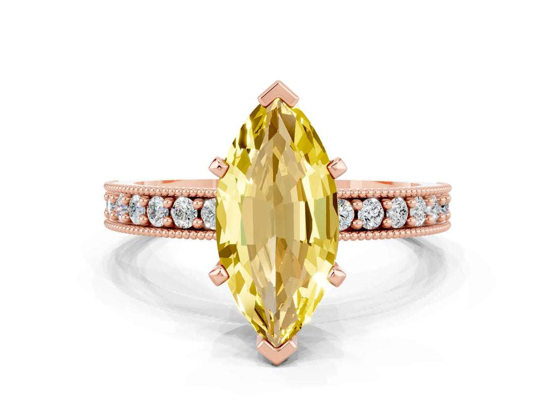 Rose gold Marquise Cut Yellow Sapphire Milgrain Pavé Engagement Ring with Four-Prong Setting_24