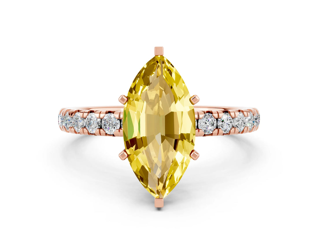 Rose gold Marquise Cut Yellow Sapphire Pavé Solitaire Ring with Round Band and Prong Setting_12