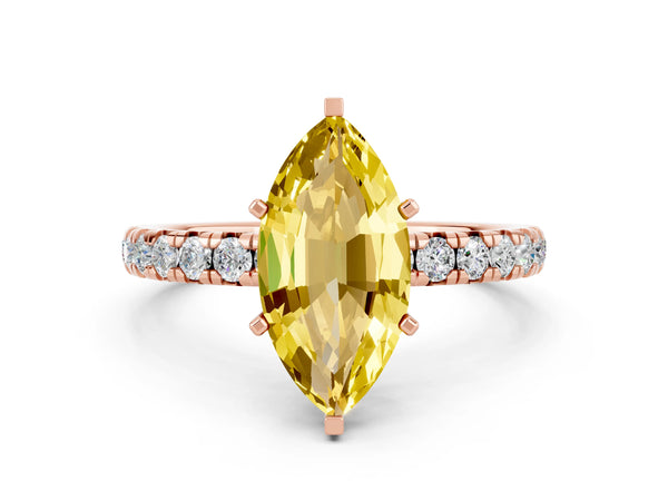 Rose gold Marquise Cut Yellow Sapphire Pavé Solitaire Ring with Round Band and Prong Setting