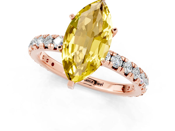 Rose gold Marquise Cut Yellow Sapphire Pavé Solitaire Ring with Round Band and Prong Setting