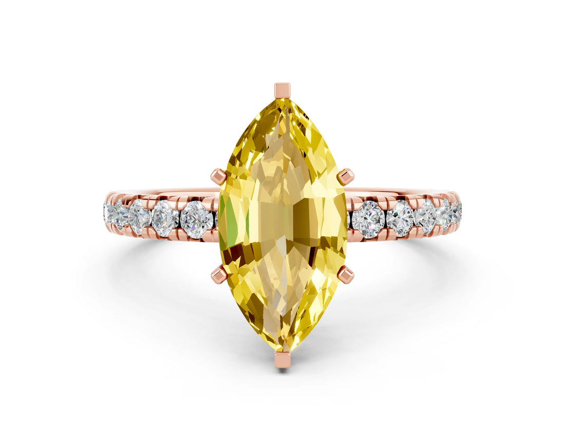 Rose gold Marquise Cut Yellow Sapphire Pavé Solitaire Ring with Round Band and Prong Setting_24