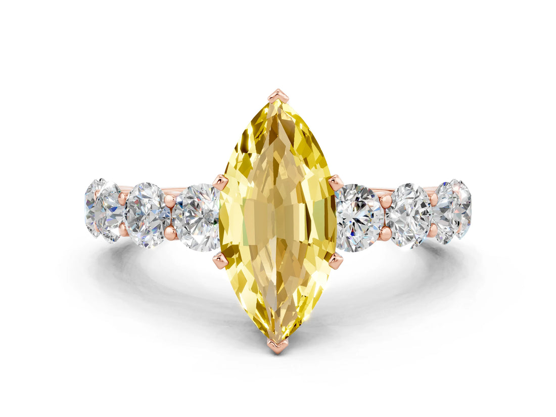 Rose gold Marquise Cut Yellow Sapphire Prong Setting with Side Stones on a Pave Band_24